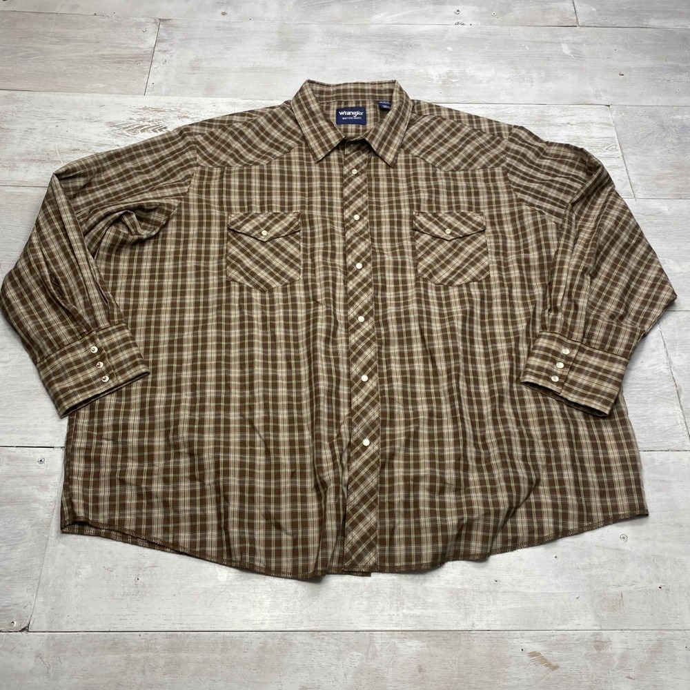 Wrangler Western Shirt Mens 3XL Brown Plaid Pearl Snap Long Sleeve Yoke Cowboy